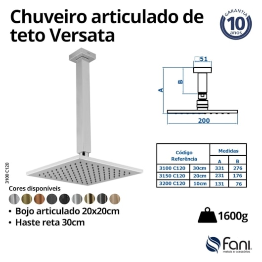 Chuveiro Articulado De Teto Versata 120 Cromado Fani 10cm - Imagem principal - e2ba92e1-3cca-44cc-a1dc-d89cdac1c947