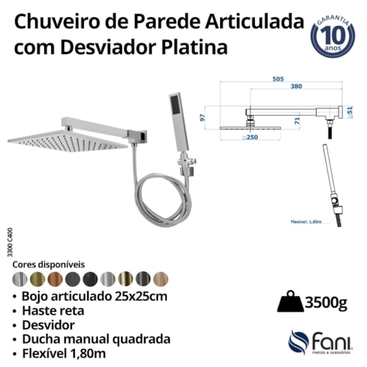 Chuveiro Articulado Platina 400 Com Desviador Metal 3300 1/2 Cromado Fani - Imagem principal - b4528da8-59ac-40be-b330-cc6295141477