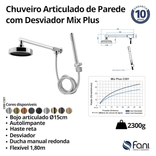 Chuveiro Autolimpante Articulado Com Desviador Metal Mix Plus 501 Cromado Fani - Imagem principal - e21dee11-25d8-4cfc-9b8b-d73b8ff91e68