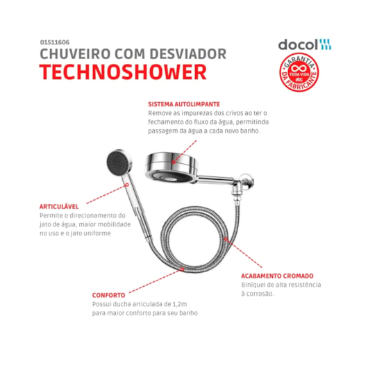 Chuveiro Com Desviador Technoshower Cromado Docol - Imagem principal - e066c3b3-6a03-4c03-8c47-4dbe5a51875c
