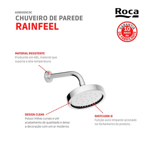 Chuveiro Com Tubo De Parede 150 Autolimpante Rainfeel Cromado Roca - Imagem principal - c50f9342-7ff4-4c61-8185-c354c8f886e6