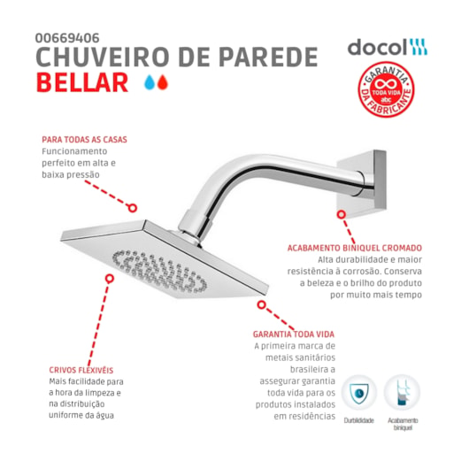Chuveiro De Parede Quadrado Bellar Cromado Docol - Imagem principal - df7ebc2e-ede6-465c-8b73-1d0bf0f1d180