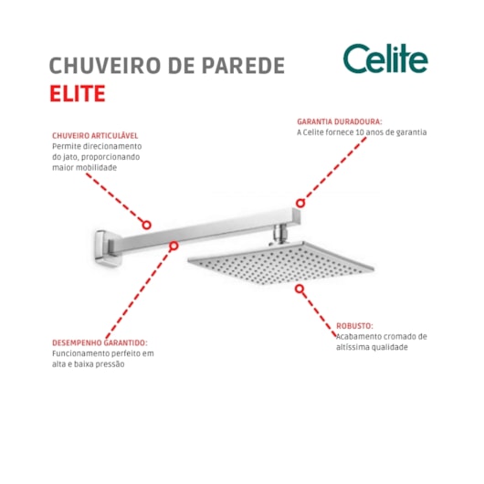 Chuveiro De Parede Quadrado Elite Cromado Celite - Imagem principal - 7f1a2d13-3a85-42c7-bd5c-d2127cd017a8
