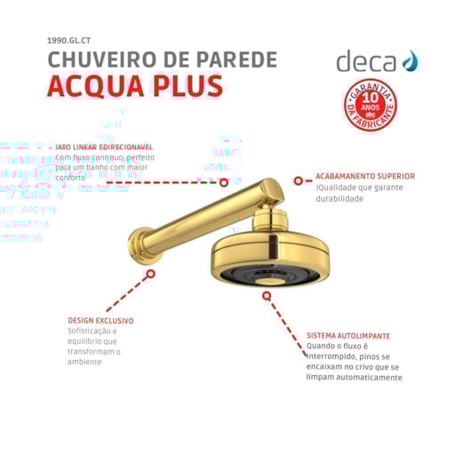 Chuveiro De Parede Redondo Acqua Plus 1990 Com Tubo Reto Gold Deca - Imagem principal - 26aeb6e7-ce72-476f-b727-e00e88f313d5