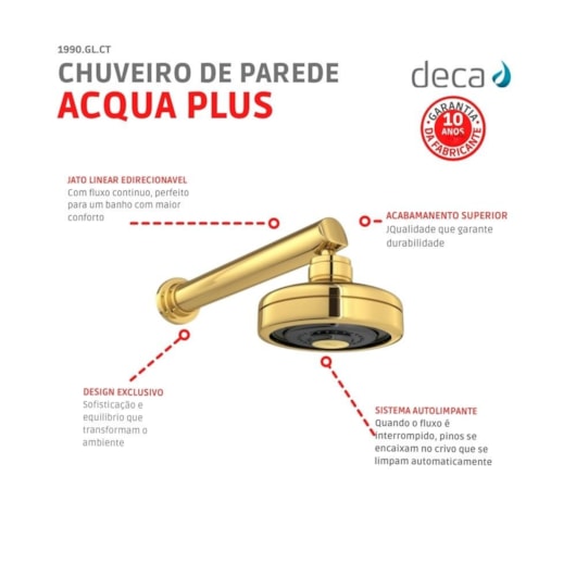 Chuveiro De Parede Redondo Acqua Plus 1990 Com Tubo Reto Gold Deca - Imagem principal - 16768bc9-b628-4bea-af52-4dd3309e3ab7
