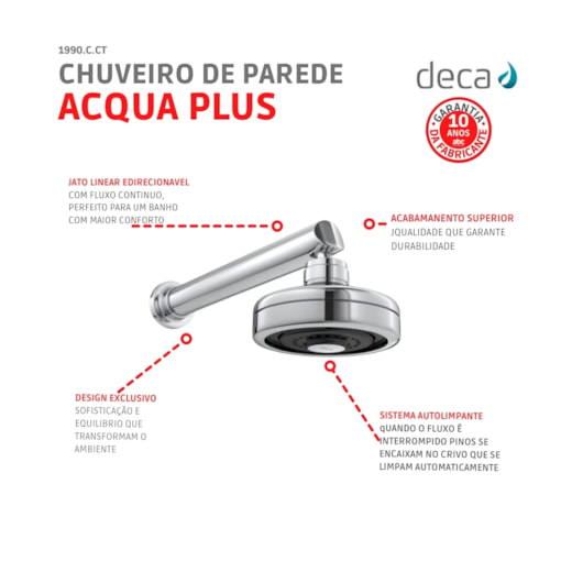 Chuveiro De Parede Redondo Acqua Plus Com Tubo 1990 Cromado Deca - Imagem principal - dbeba040-e31f-4c8b-a3ce-bfffb6b754c5