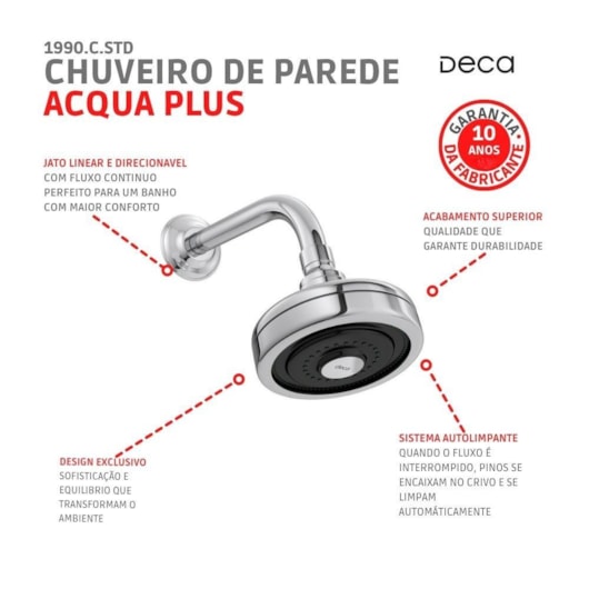 Chuveiro De Parede Redondo Acqua Plus Com Tubo Curvo 1990 Cromado Deca - Imagem principal - 2acc473f-e23a-4a97-b620-796c4cb2142f