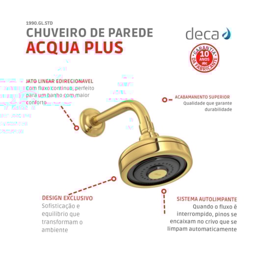 Chuveiro De Parede Redondo Acqua Plus Com Tubo Curvo Gold Deca - Imagem principal - 311a16ae-56fc-4ead-bb65-04db5e5f0242