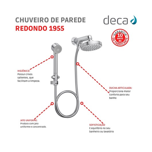 Chuveiro De Parede Redondo Flex Com Desviador E Ducha 1955 Cromado Deca - Imagem principal - cd64e0dd-2a16-4b66-9d0a-349094e48562