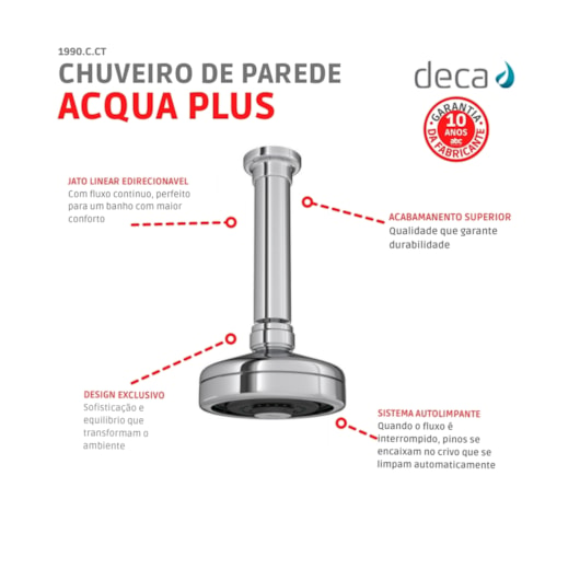 Chuveiro De Teto Redondo Acqua Plus Com Tubo Cromado Deca - Imagem principal - a7d8290d-9601-46fc-8324-b25d9a828bbd