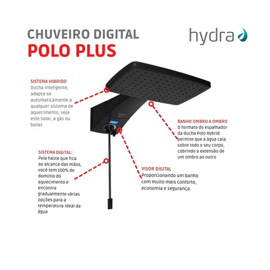 Chuveiro Digital Polo Plus 127v 5500w Preto Hydra - Imagem principal - 490ba9a3-d085-49d1-98eb-f2bcd00afaf3