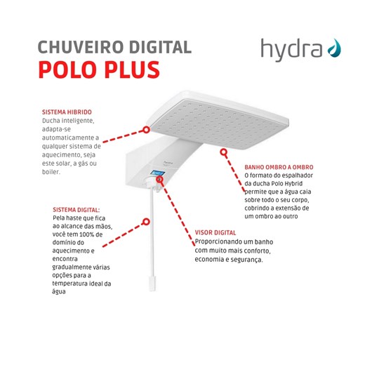 Chuveiro Digital Polo Plus 220v 7700w Branco Hydra - Imagem principal - 0540f049-d45b-4489-910a-36114a67b12c