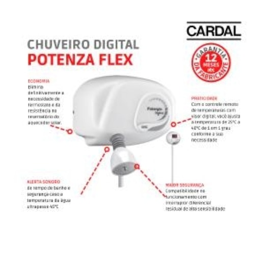 Chuveiro Digital Potenza Flex Pressurizado 220v 7800w Branco Cardal - Imagem principal - 7bc86098-fff2-4f40-aefc-9368f1765263