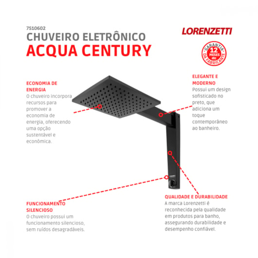 Chuveiro Eletrônico Acqua Century PRETO 127V 5500W Lorenzetti - Imagem principal - ad6686ee-f4fc-47a9-8202-f73d88158943