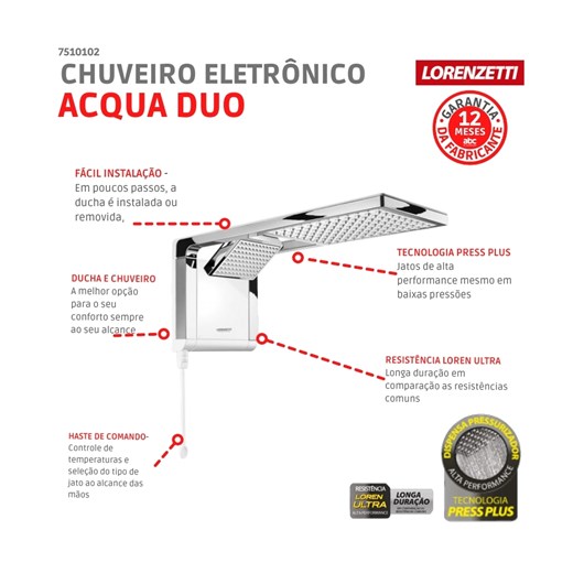 Chuveiro Eletrônico Acqua Duo Ultra 220v 6800w Branco/cromado Lorenzetti - Imagem principal - 970c22f3-799e-480c-8e75-b37c306650fd