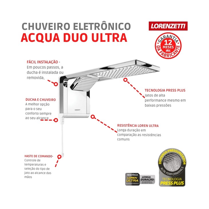 Chuveiro Eletrônico Acqua Duo Ultra 220v 7800w Branco/cromado Lorenzetti