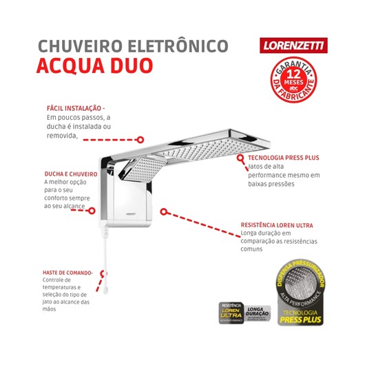 Chuveiro Eletrônico Acqua Duo Ultra 220v 7800w Branco Lorenzetti - Imagem principal - 0865be02-4476-4c22-b86a-e50aa25b222a
