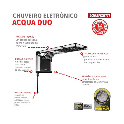 Chuveiro Ducha Acqua Duo Ultra Preto Fosco 7800W 220V Lorenzetti - Casa do  Eletricista