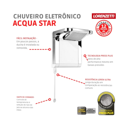 Chuveiro Eletrônico Acqua Star Ultra 127v 5500w Branco/cromada Lorenzetti - Imagem principal - 0cd0efa4-660b-4803-ab7d-602991c3fd5a