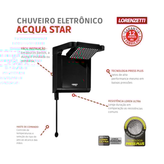 Chuveiro Eletrônico Acqua Star Ultra 220v 7800w Preto Lorenzetti - Imagem principal - 9cd80976-06cc-46ef-8197-58770572b8d2