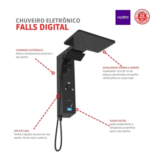 Chuveiro Eletrônico Digital Ducha de Parede Hydra Falls Power Preto 7700W 220V - Imagem principal - 3934fb5f-8edb-40e3-9ac1-d289e3926368