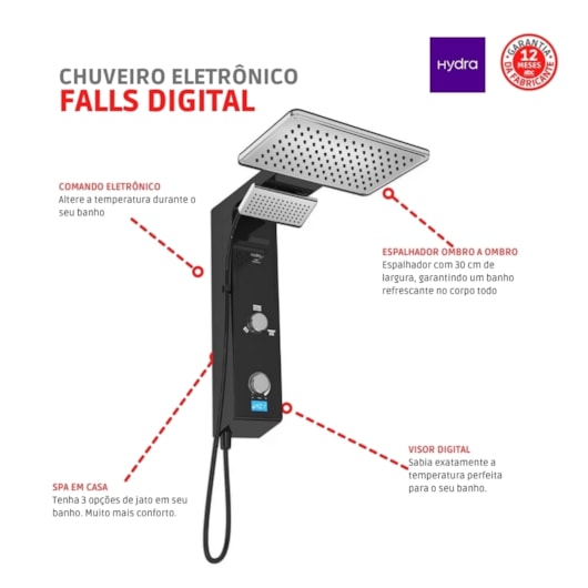 Chuveiro Eletrônico Digital Ducha de Parede Hydra Falls Power Preto E Cromo 5500W 110V - Imagem principal - 7d15a50e-4867-4e37-9b9d-e618d93fd3ad