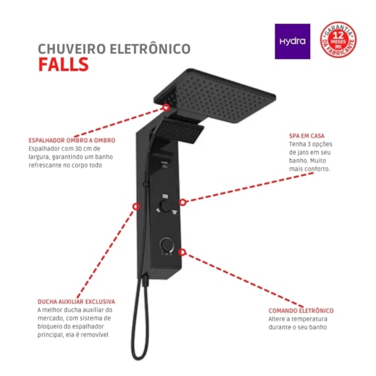 Chuveiro Eletrônico Ducha de Parede Falls Power Preto 7700W 220V Hydra  - Imagem principal - 1f9e4e42-7b68-4a22-9f44-f0aadc0545a4