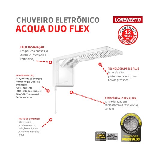 Chuveiro Eletrônico Flex Hibrido Acqua Duo Ultra 220v 6800w Branco Lorenzetti - Imagem principal - 4541d10e-c7ee-4097-b067-36c43b02dcda