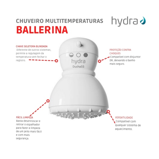 Chuveiro Multitemperaturas Ballerina 3t 220v 4400w Branco Hydra - Imagem principal - 1789e8f8-44b7-4e45-bce8-c07b74c9c551