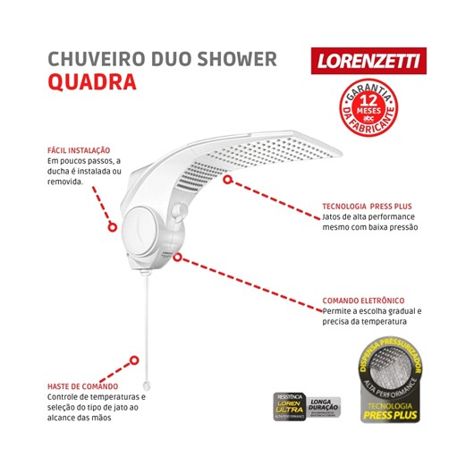Chuveiro Multitemperaturas Duo Shower Quadra 127v 5500w Branco Lorenzetti - Imagem principal - 8d96943a-a3ba-4812-9f54-3cea0cf8f139