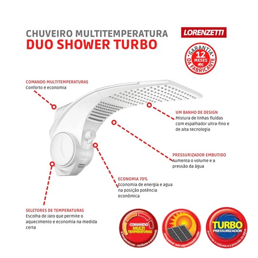 Chuveiro Multitemperaturas Duo Shower Quadra Turbo 220v 7500w Branco Lorenzetti - Imagem principal - 53ede7b8-093d-4534-bc24-1d013e91a492