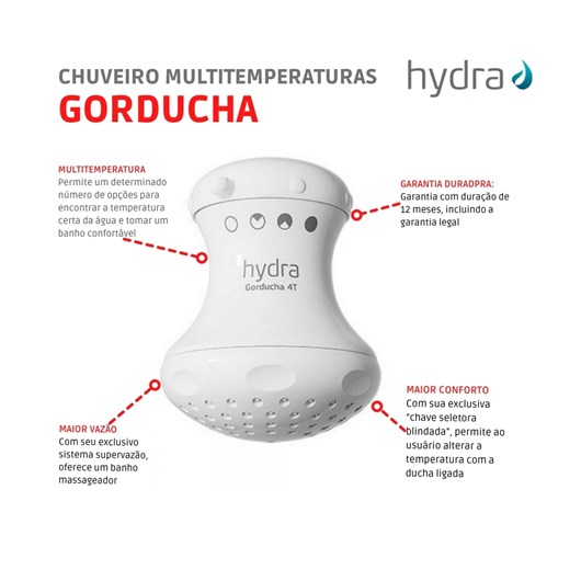 Chuveiro Multitemperaturas Gorducha 4t 127v 5400w Branco Hydra - Imagem principal - ebf9eb1a-3754-4bea-b02a-aa56b0c1a162