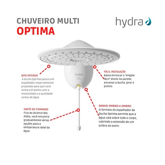 Chuveiro Multitemperaturas Optima 8t 127v 5500w Branco Hydra - Imagem principal - ca0edd78-082e-43f5-9f9d-77fb93d766dc