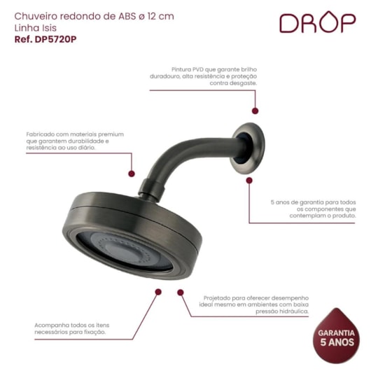 Chuveiro Redondo ABS Grafite Escovado Drop 12 cm - Imagem principal - e1738f9c-cb59-41e7-80fb-3c3ee9ed7272