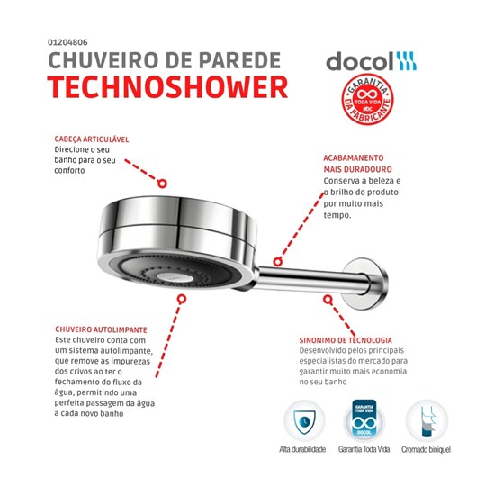 Chuveiro Redondo De Parede Novo Technoshower Cromado Docol - Imagem principal - d1b0c32d-0e28-4f26-b7a4-a52bd133c805