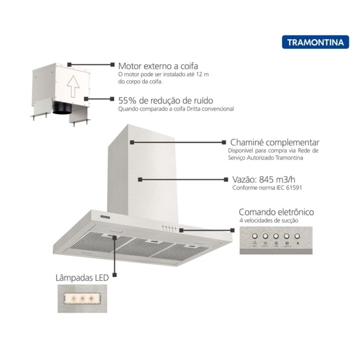 Coifa de Ilha Dritta Isla Silent Pro 90 220V em Aço Inox Tramontina