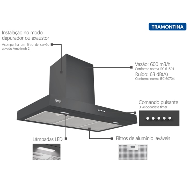 Coifa de Parede Dritta Black 90 em Aço Inox Tramontina 220V 90cm