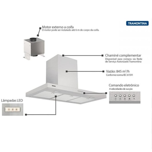 Coifa Em Aço Inox De Parede Dritta Split Tramontina 90cm 220v - Imagem principal - b31ef127-7068-48aa-8f4f-eab2990fdd25