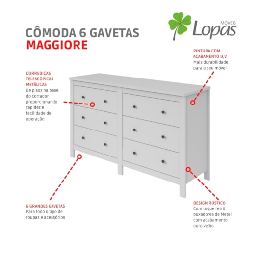 Cômoda 6 Gavetas Maggiore Branco Lopas - Imagem principal - a6aff87f-0295-4883-a95a-fdcc30e9532e