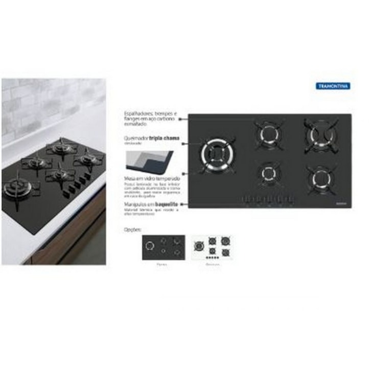 Cooktop A Gás 5 Bocas Side Plus 5gg Tri 90  94709/301 Bivolt Vidro Preto Tramontina