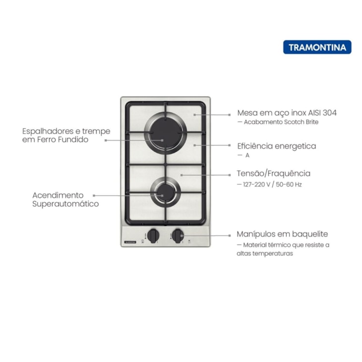 Cooktop a Gás Dominó FF 2GX 30 em Aço Inox com Trempes em Ferro Fundido e Acendimento superautomático 2 Queimadores Tramontina