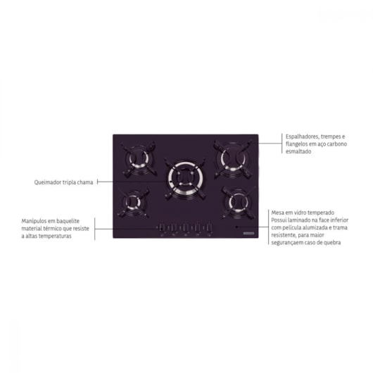 Cooktop a Gás Penta em Vidro Temperado Preto com Trempes em Aço Carbono e Acendimento superautomático 5 Bocas Tramontina - Imagem principal - c9f0e689-60c9-4e6d-bf79-881add5ed09a