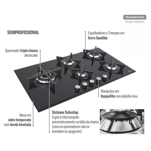 Cooktop a Gás Penta Glass Flat em Vidro Temperado e Trempes em Ferro Fundido com Acendimento Automático 5 Queimadores Tramontina Design Collection - Imagem principal - c02c32ec-63ee-44f1-8407-8ffa94a45fae
