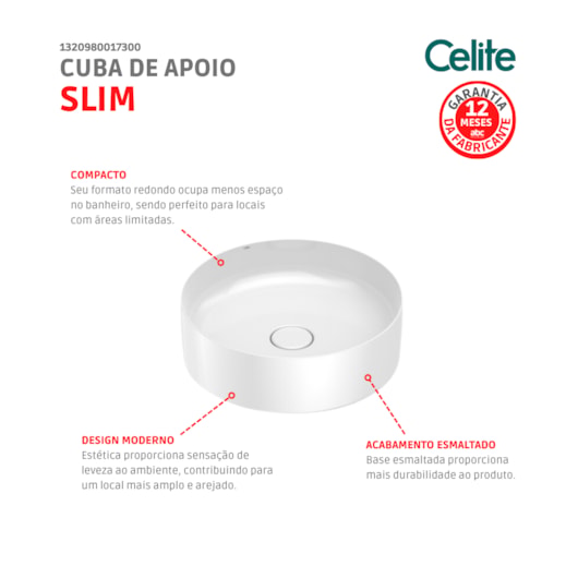 Cuba De Apoio Redonda Sem Mesa Slim Branco Brilho Celite 39cm - Imagem principal - be3519f6-384d-428d-a8b0-59c302048374