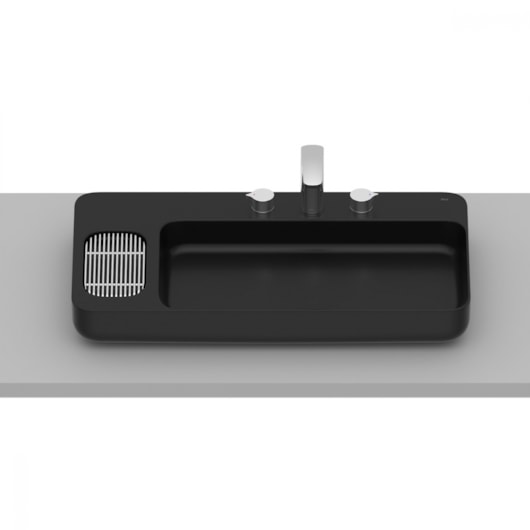 Cuba de Apoio Retangular Sem Saboneteira com Mesa e Válvula Oculta 7/8 Infinity Matte Black Roca 80x42cm - Imagem principal - 96dc01de-7c6e-4607-acb1-7ffe79525aeb