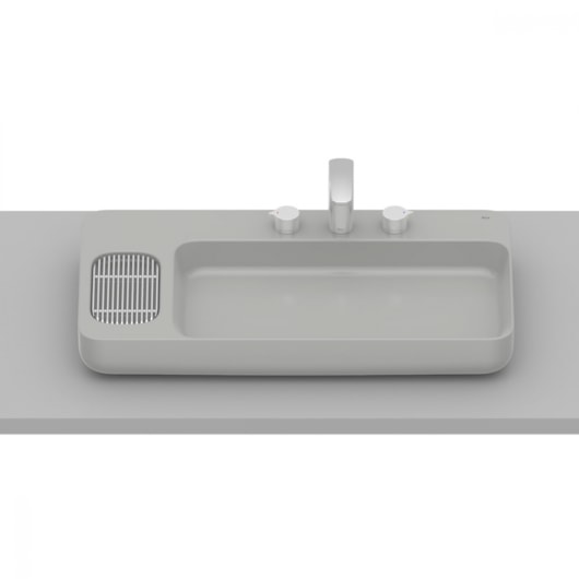 Cuba de Apoio Retangular Sem Saboneteira com Mesa e Válvula Oculta 7/8 Infinity Stone Roca 80x42cm - Imagem principal - f59036a5-c25a-40b8-8e16-47e8033bf1f2