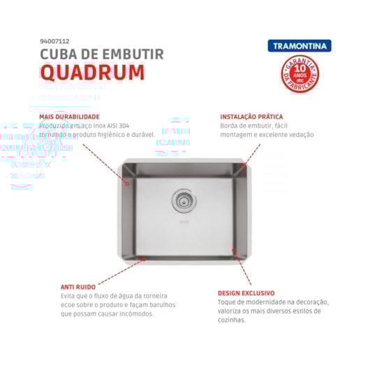 Cuba De Embutir Collection Quadrum Undermount Em Aço Inox Tramontina 50X40cm - Imagem principal - ec023545-71d8-4dd8-b2c3-f663b5a0f4a3