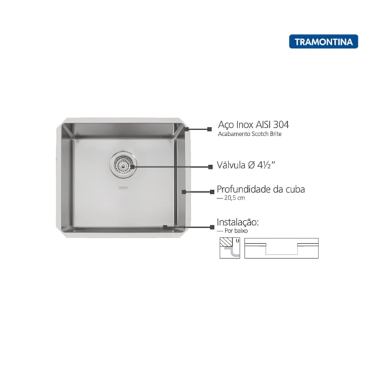 Cuba de embutir Design Collection Quadrum Undermount em Aço Inox com Acabamento Scotch Brite 45 U 45x40cm 94006/112 Tramontina - Imagem principal - 8d56a452-e67f-4955-8a63-ca605e7311d7