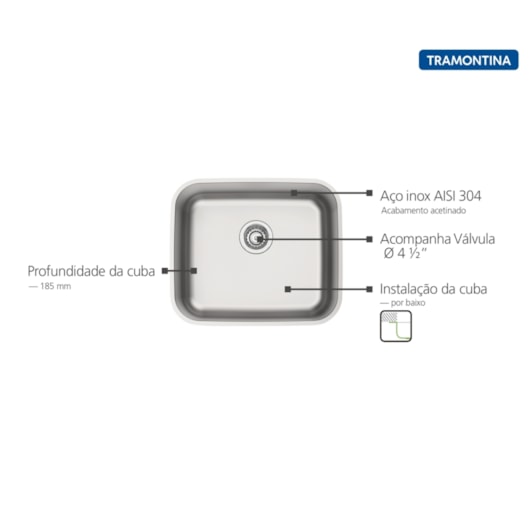 Cuba De Embutir Dora 40 Bl R6 Em Aço Inox Acetinado Com Válvula 4 1/2'' Tramontina 40X34 Cm - Imagem principal - fb8e7079-530b-4583-bbc5-e7c52597ea09