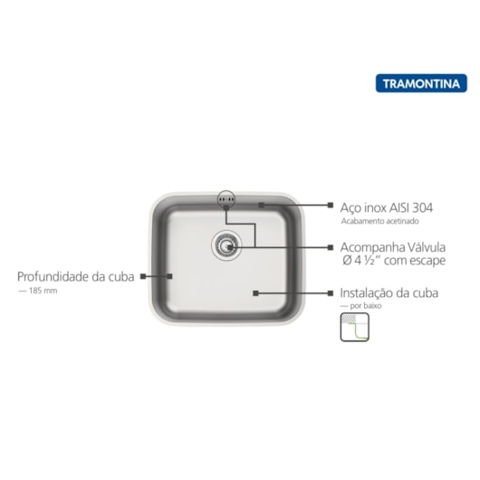 Cuba De Embutir Dora 40 Bl R6 Em Aço Inox Acetinado Com Válvula E Escape Tramontina 40X34 Cm - Imagem principal - 8a2e7cc0-baea-413d-a9fd-4bfc8a48bdd3